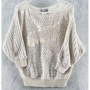 VTG Jon Christy Sweater Womens Medium Off White Applique Crochet Cottage Core